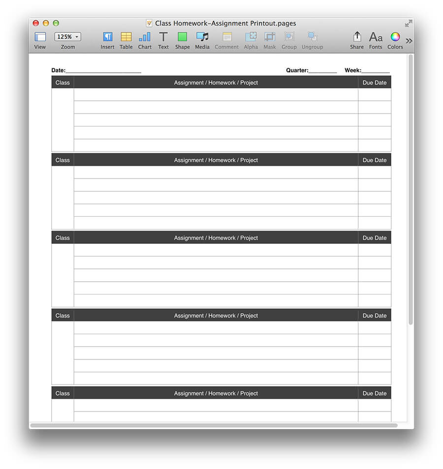 Class Homework Chart Template For Pages And PDF MacTemplates